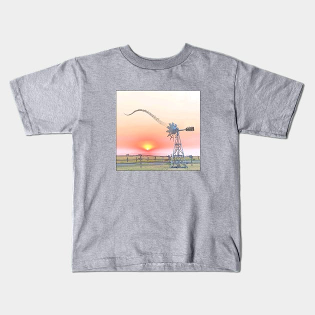 Farm Scene at Sunset with Windmill Playing Guitar Kids T-Shirt by numpdog